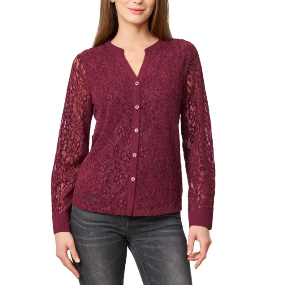 Cable & Gauge Women's Red Wine Lace button down Blouse Size XS